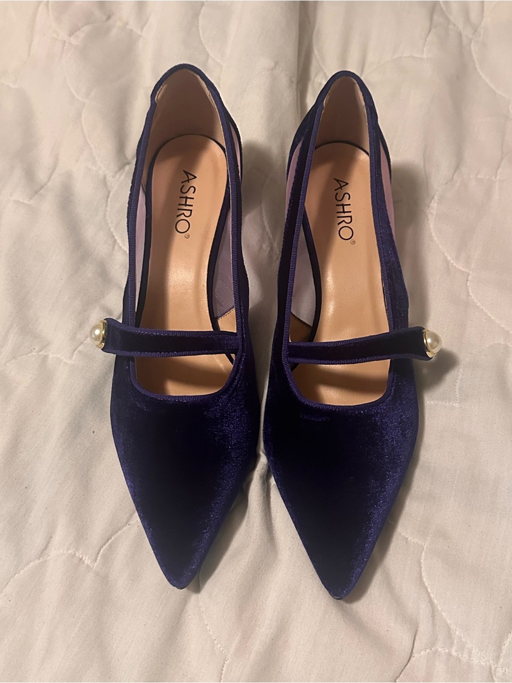 Ashro Velvet Pointed Mary Jane Heels in Deep Purple